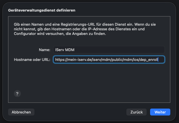 MDM-Serveradresse in Apple Configurator eintragen