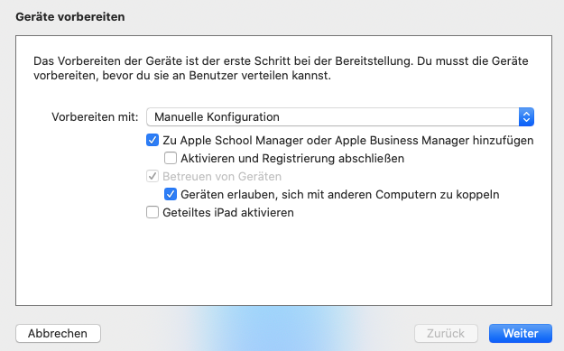 Screenshot des Schritts "Geräte vorbereiten" im Apple Configurator 2