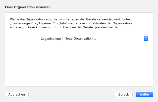 Screenshot des Schritts "Eine Organisation zuweisen" im Apple Configurator 2