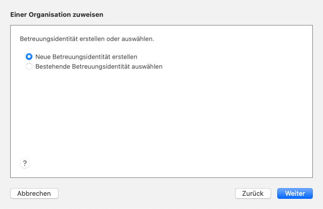 Screenshot des Schritts "Einer Organisation zuweisen" im Apple Configurator 2