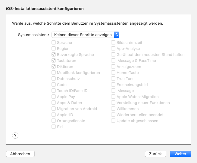 Screenshot des Schritts "iOS-Installationsassistent konfigurieren" im Apple Configurator 2