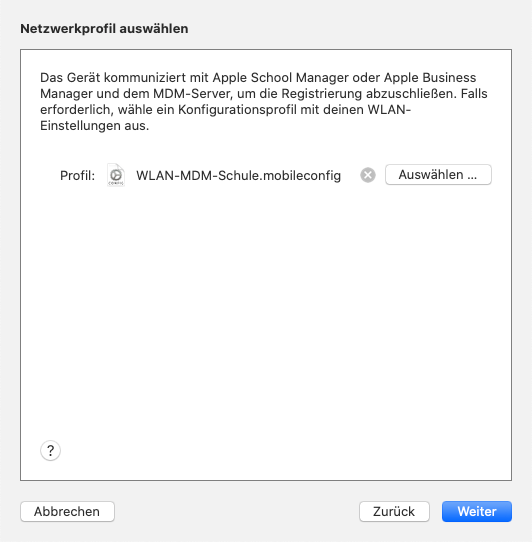 Screenshot des Schritts "Netzwerkprofil auswählen" im Apple Configurator 2
