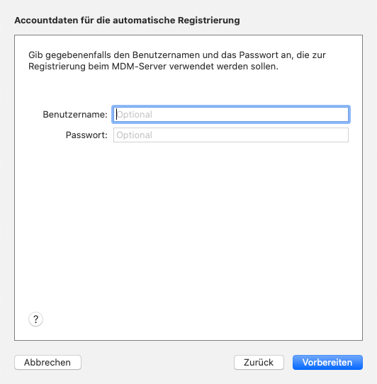 Screenshot des Schritts "Accountdaten für die automatische Registrierung" im Apple Configurator 2