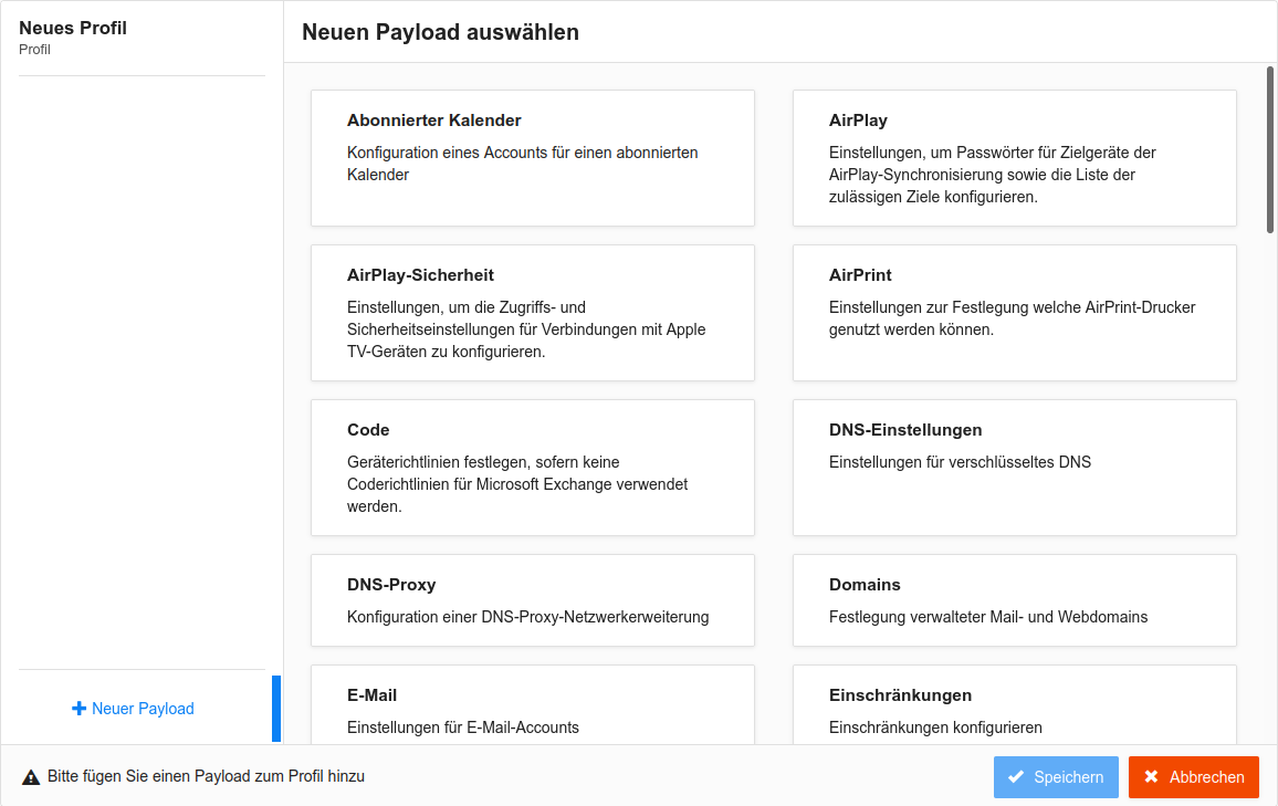 Screenshot des Profil-Editors im MDM, mit Zeiger auf der Schaltfläche zum Auswählen eines neuen Payloads für das Profil