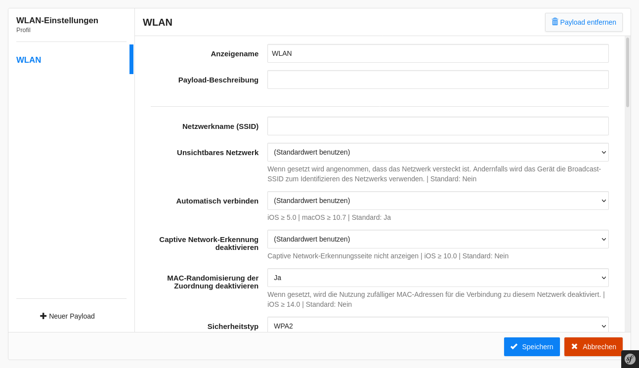 Screenshot der Bearbeitung eines WLAN-Payloads im Profil-Editor im MDM