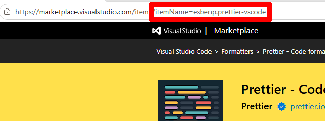 Marketplace-Detailseite mit markierter Extension-ID in der Adresszeile