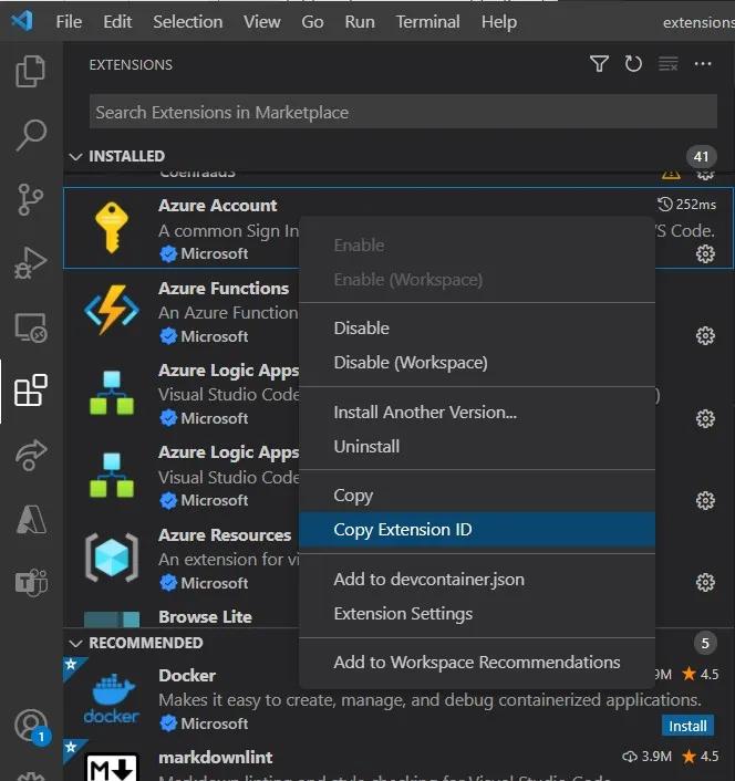 Kontextmenü einer VS-Code-Erweiterung mit dem Eintrag Copy Extension ID