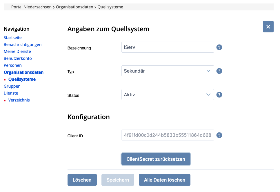 Bildschirmfoto der Quellsysteme-Verwaltung in moin.schule